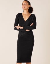 Shimmer Knit Wrap Dress, Black (BLACK), large