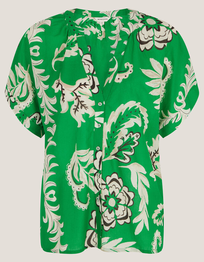 Kristen Floral Cotton Shirt, Green (GREEN), large