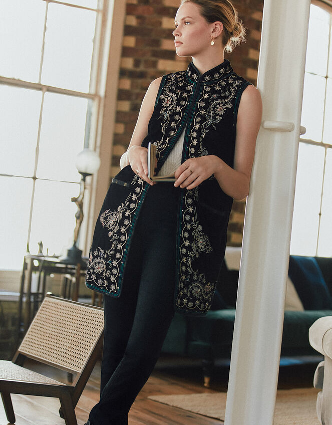 Embroidered Velvet Waistcoat, Black (BLACK), large