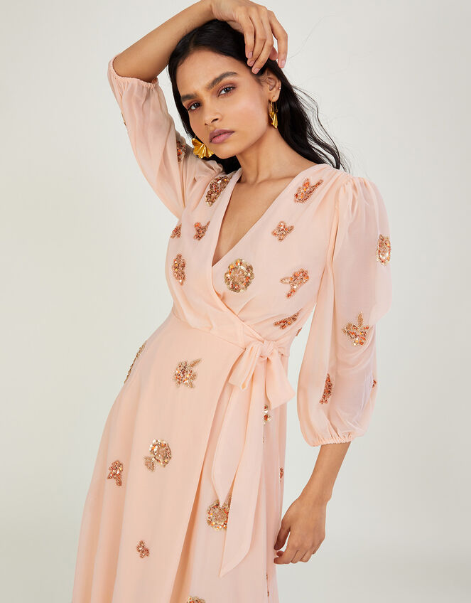 Ava Embroidered Dress in Recycled Polyester, Orange (CORAL), large