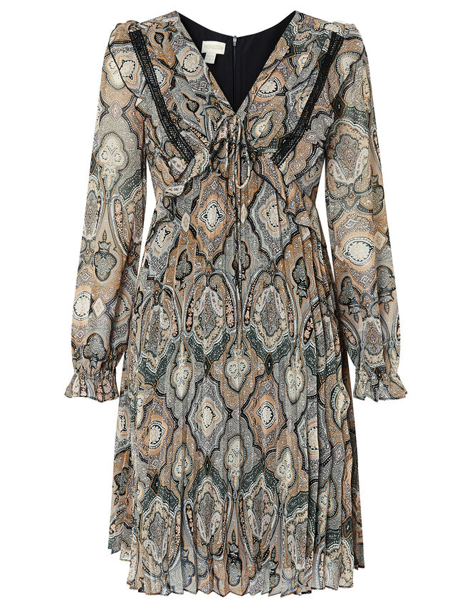 Geometric Print Pleated Dress, Grey (GREY), large