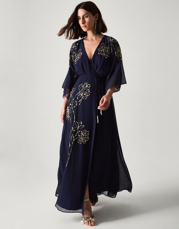 Skyla Floral Embellished Maxi Wrap Dress, Blue (NAVY), large