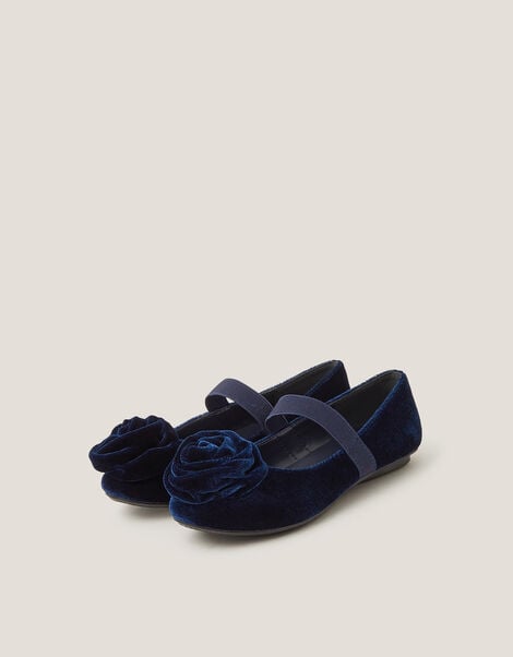 Rosette Velvet Strap Ballet Flats, Blue (NAVY), large