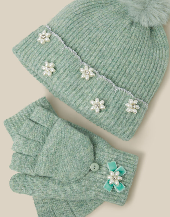 Pearl Flower Bobble Hat & Gloves Set, Green (GREEN), large
