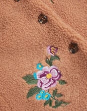 Baby Floral Embroidered Faux Shearling Coat, Camel (CAMEL), large