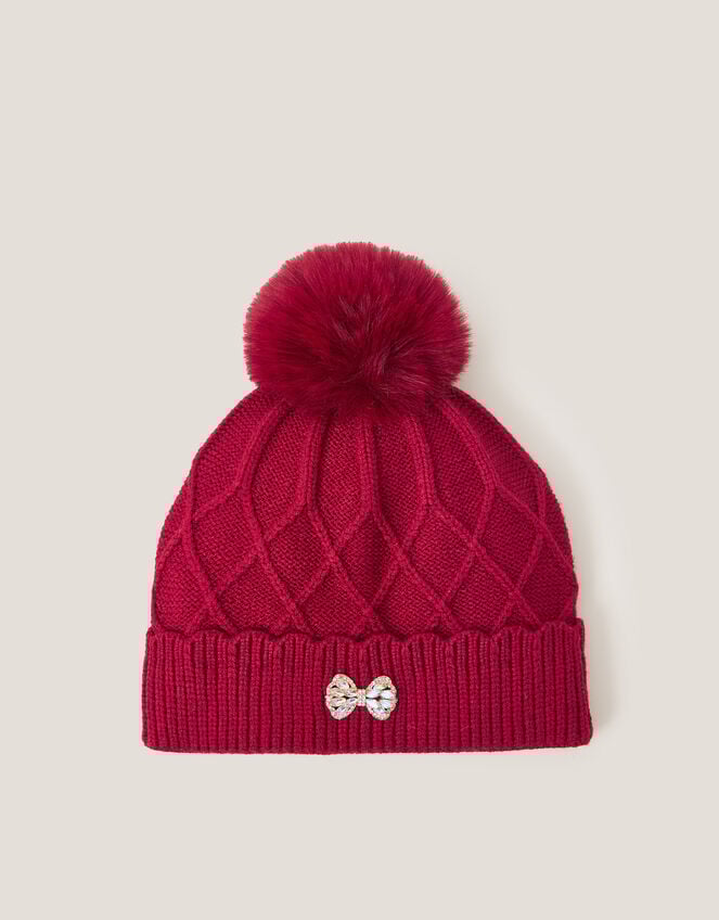 Bow Pom-Pom Beanie Hat, Red (RED), large