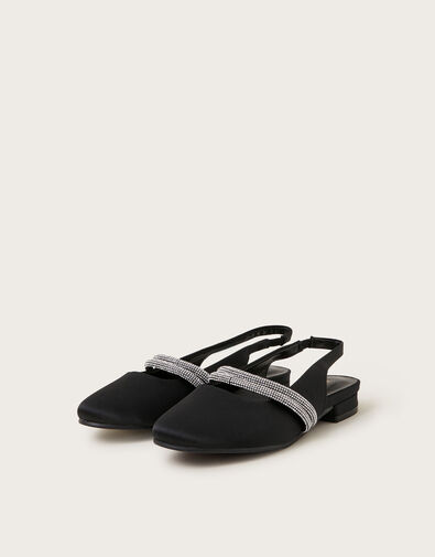 Diamante Strap Satin Slingback Flats, Black (BLACK), large