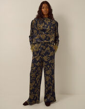 Princella High Waisted Floral Velvet Wide Leg Trousers, Blue (NAVY), large