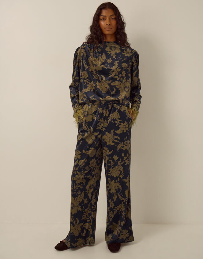 Princella High Waisted Floral Velvet Wide Leg Trousers, Blue (NAVY), large