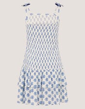 Floral Print Smocked Dress, White (WHITE), large