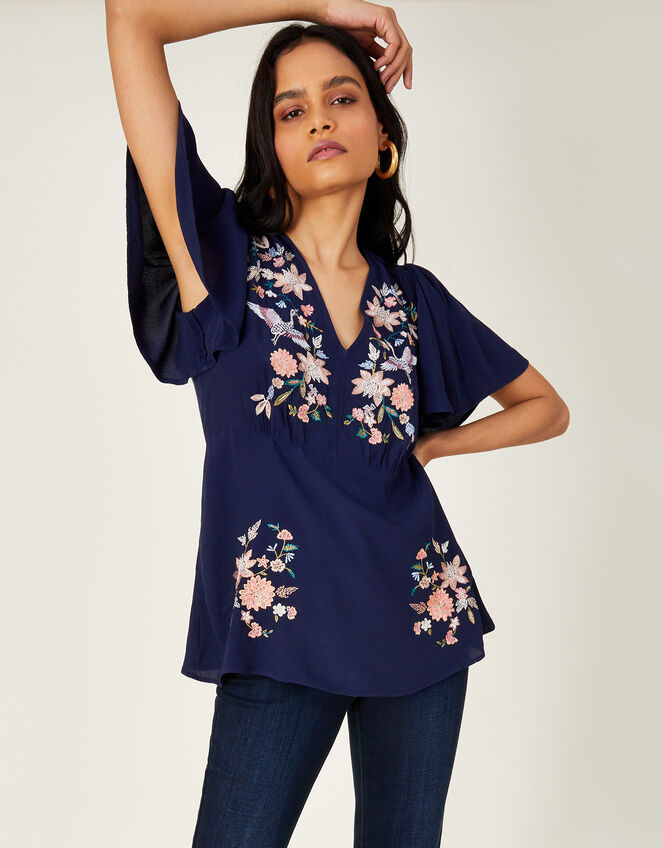 Embroidered T-Shirt in LENZING™ ECOVERO™ , Blue (NAVY), large