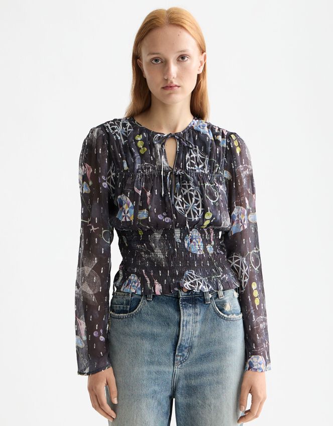 Scotch & Soda Print Smocked Waist Top, Blue (NAVY), large