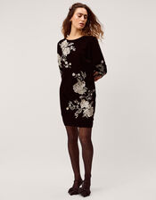 Fia Floral Embroidered Velvet Tunic Dress, Black (BLACK), large