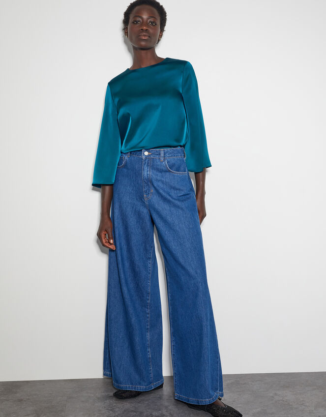 Ingrid Bell Sleeve Satin Top, Blue (TURQUOISE), large