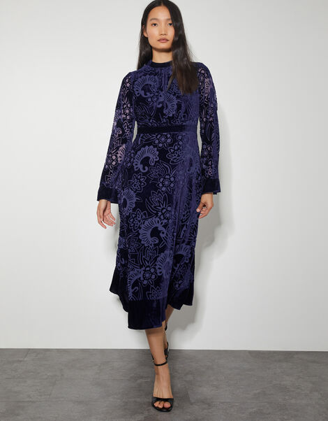 Eva Floral Velvet Midi Dress, Blue (NAVY), large