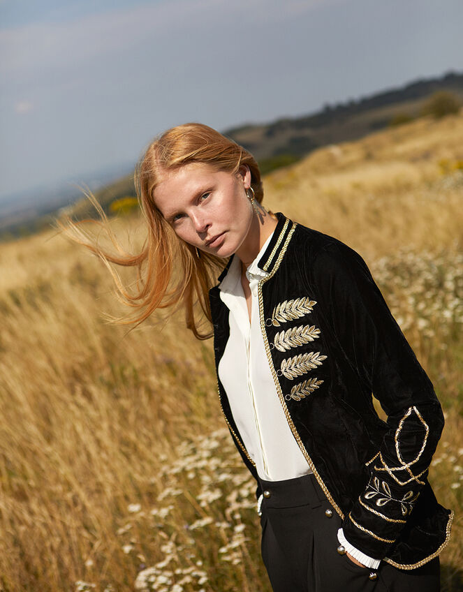 Velvet Military Jacket, Black (BLACK), large