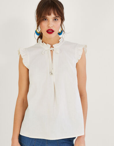 Lydie Frill Tank Top in Linen Blend Ivory, Ivory (IVORY), large