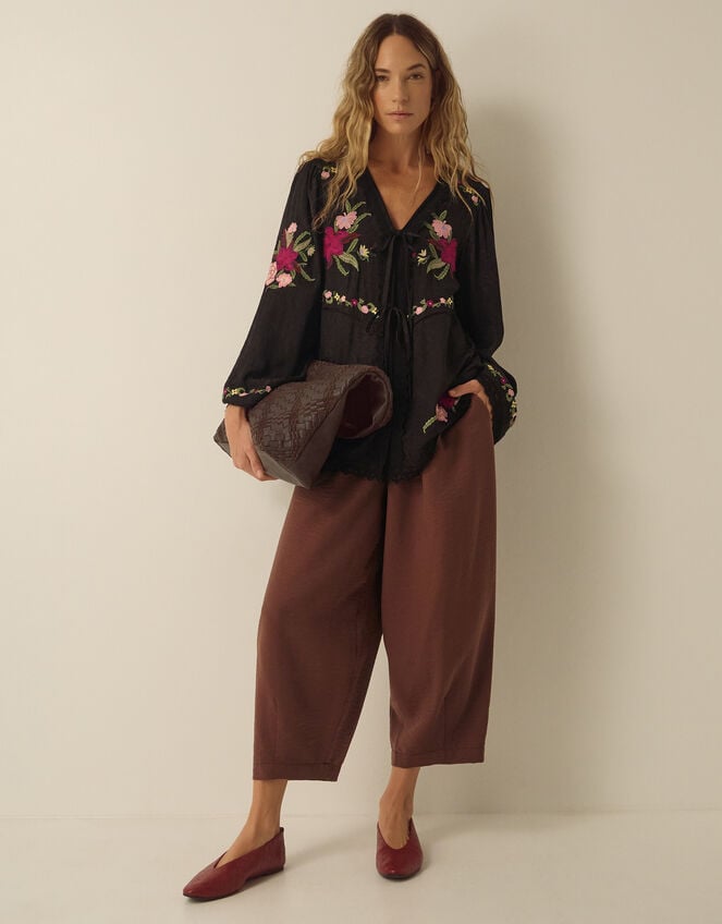 Yara Floral Embroidered Lace Trim Top, Black (BLACK), large