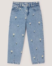 Daisy Embroidered Barrel Jeans, Blue (BLUE), large