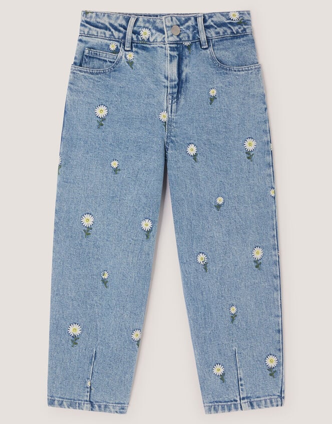 Daisy Embroidered Barrel Jeans, Blue (BLUE), large
