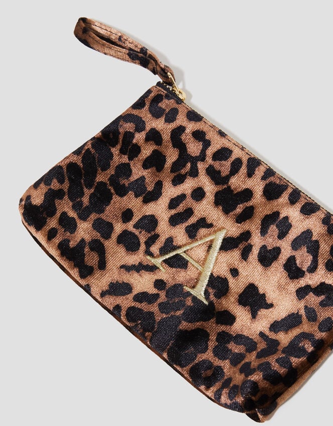 Leopard Print Velvet Initial Purse, Brown (BROWN), large