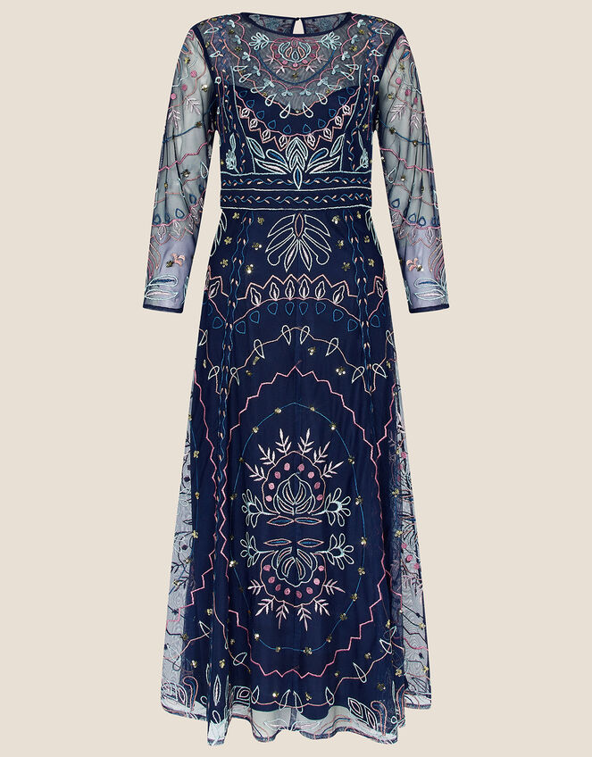 Jeannine Embellished Midi Dress in Recycled Polyester, Blue (NAVY), large