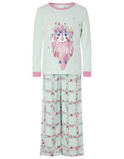 Owl Jersey and Woven Pyjama Set in Organic Cotton, Blue (AQUA), large