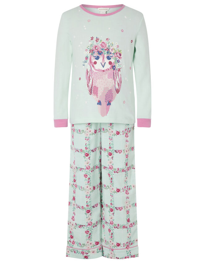 Owl Jersey and Woven Pyjama Set in Organic Cotton, Blue (AQUA), large