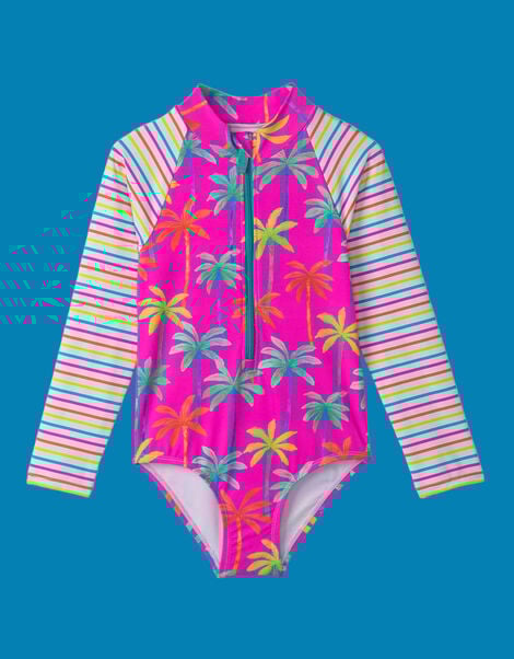 Hatley Palm Print Long Sleeve Swimsuit, Pink (PINK), large
