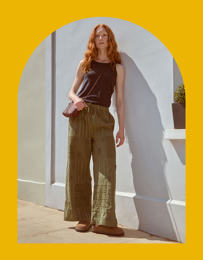 East Tasia Broderie Patchwork Trousers, Green (OLIVE), large