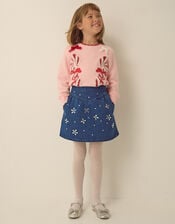 Jewel Flower Denim Skirt, Blue (BLUE), large