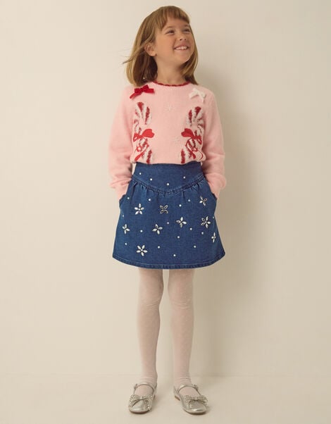 Jewel Flower Denim Skirt, Blue (BLUE), large