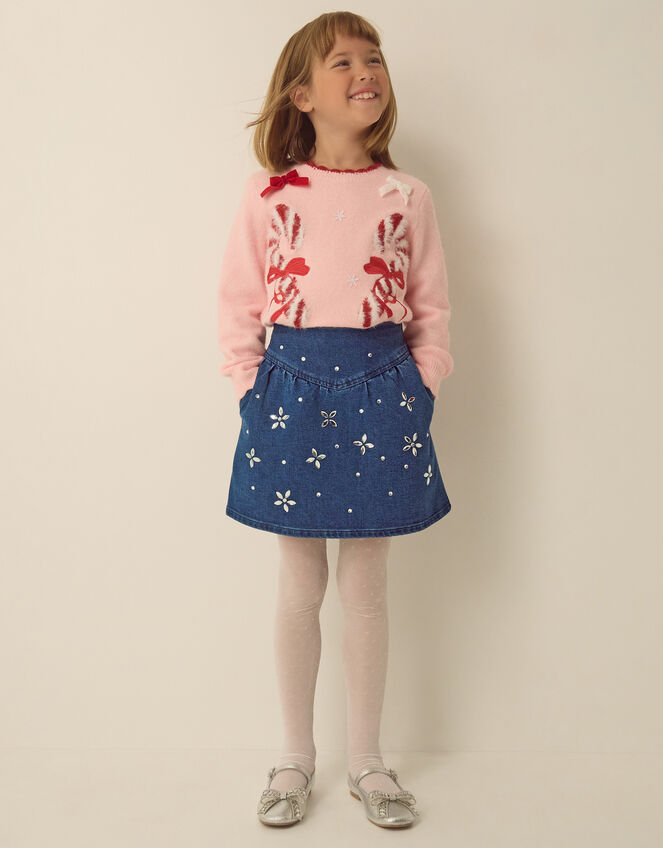 Jewel Flower Denim Skirt, Blue (BLUE), large