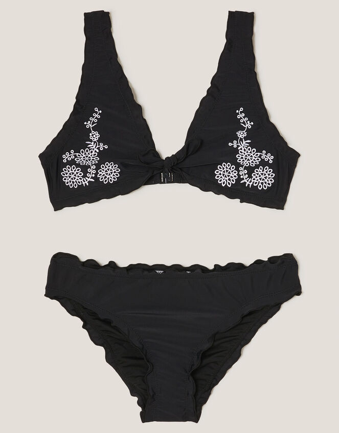 Embroidered Frill Bikini Set, Black (BLACK), large