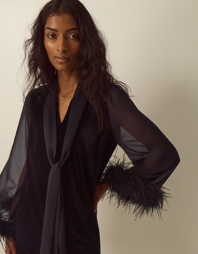 Sadie V-Neck Feather Sleeve Velvet Mini Dress, Black (BLACK), large