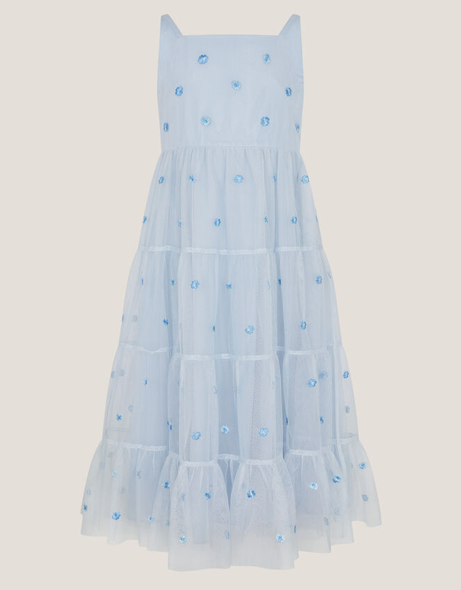 Thea Embroidered Back-Bow Tiered Dress, Blue (BLUE), large