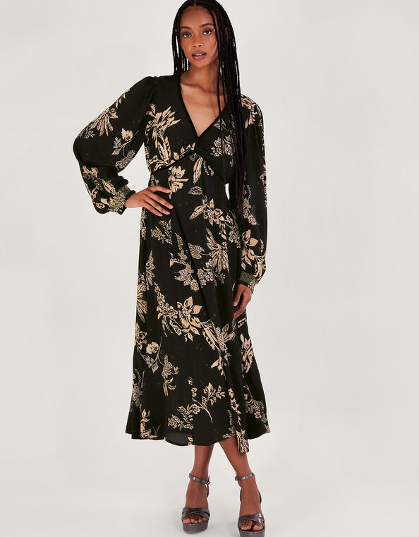 Annette Floral Midi Dress, Black (BLACK), large