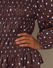 Shae Smocked Polka Dot Jersey Top, Brown (CHOCOLATE), large