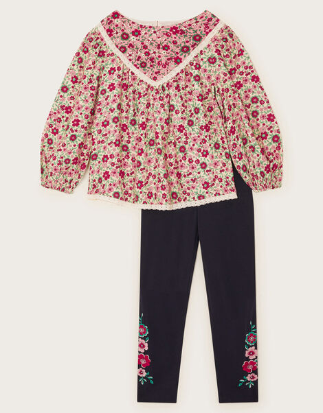 Floral Woven Blouse and Leggings Set, Red (RED), large