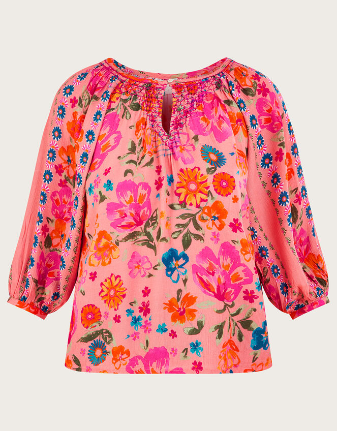 Alina Flower Print Shirred Blouse in LENZING™ ECOVERO™, Orange (CORAL), large