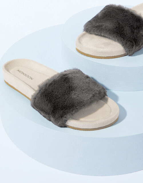 LOUNGE Faux Fur Slider Slippers, Grey (GREY), large