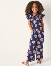 Heart Print Smock Jumpsuit, Blue (NAVY), large