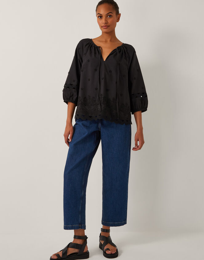 Esme Floral Appliqué 3/4 Sleeve Top, Black (BLACK), large