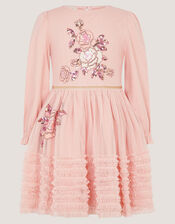 Sequin Floral Ruffle Disco Dress, Pink (PINK), large