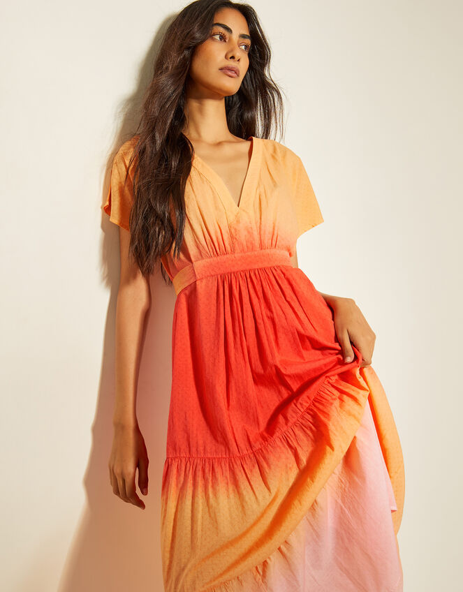 Maya Dip Dye Tiered Midi Dress, Orange (ORANGE), large