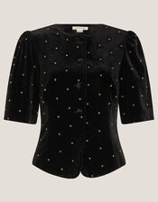 Emma Embellished Velvet Button Top, Black (BLACK), large