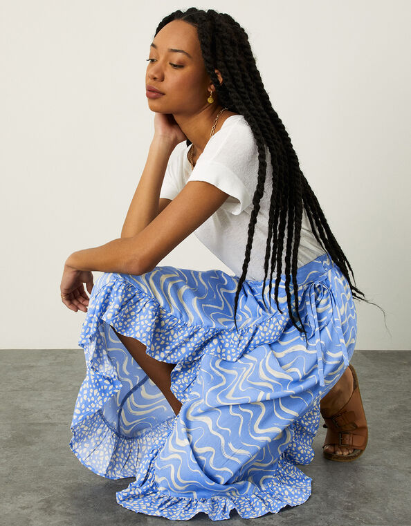 Wrap Wave Print Midi Skirt, Blue (BLUE), large