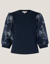 Fi Sheer Floral Appliqué Top, Blue (NAVY), large