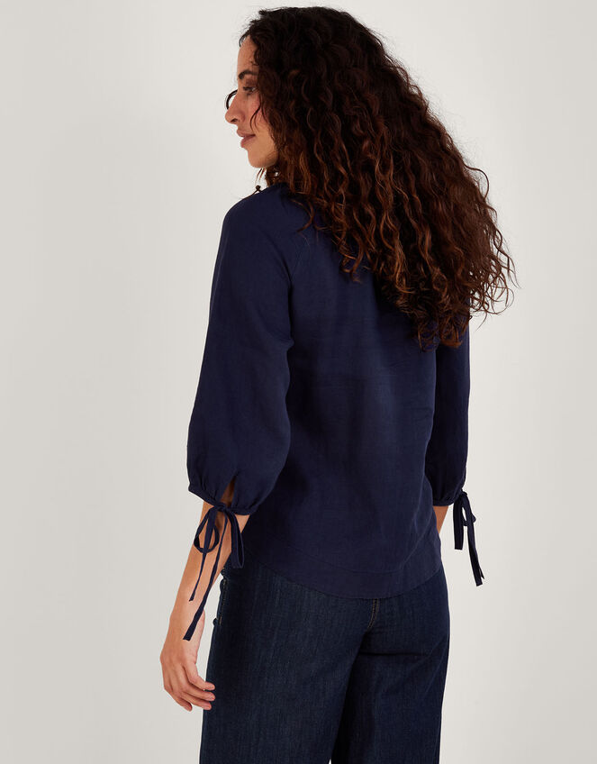 Tie Cuff Button Through Linen Blouse, Blue (BLUE), large