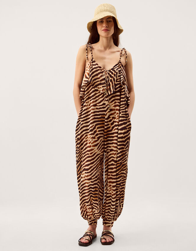 Annie Sleeveless Animal Print Jumpsuit, Brown (BROWN), large
